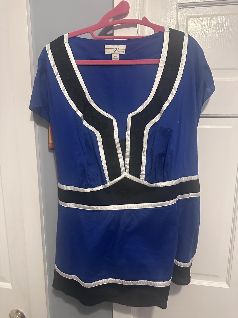 Lane Bryanr Cobalt Blue Blouse with Black and White Colorblocks Accents And Sash